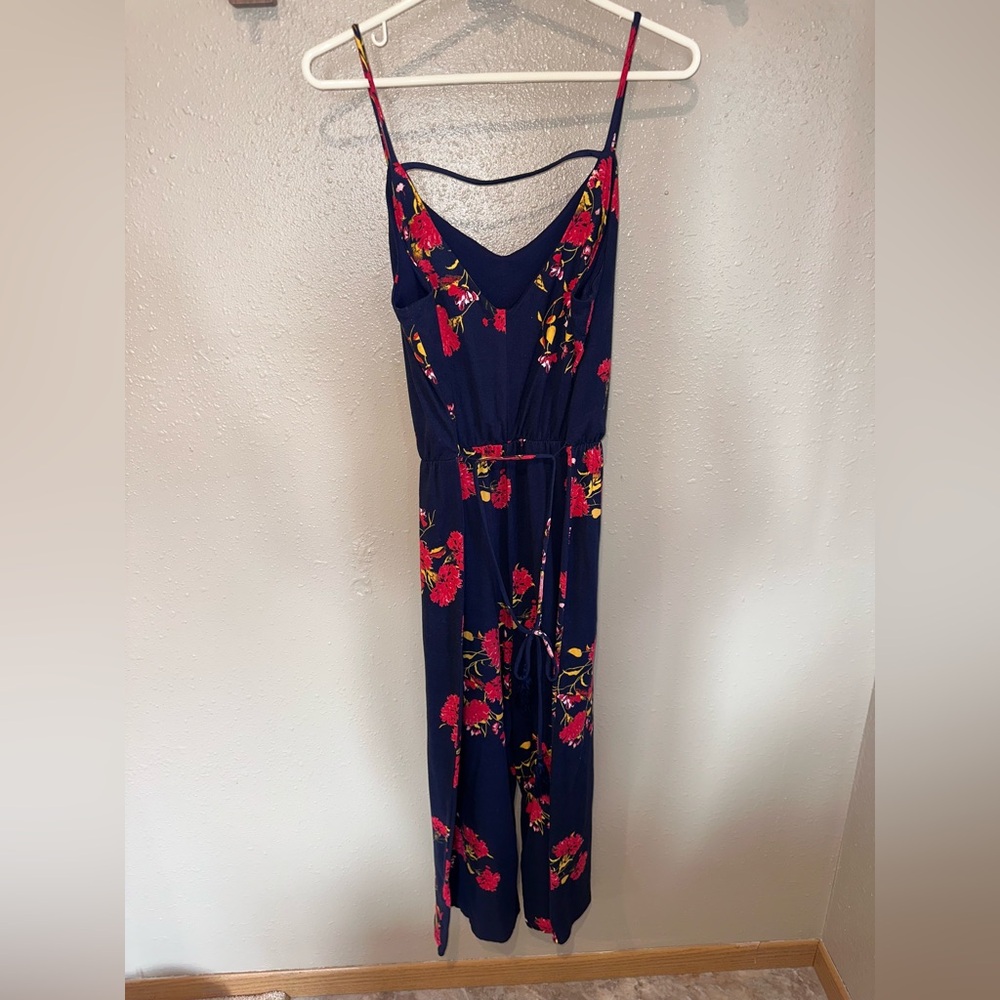 Navy Floral Jumpsuit with Red Blooms